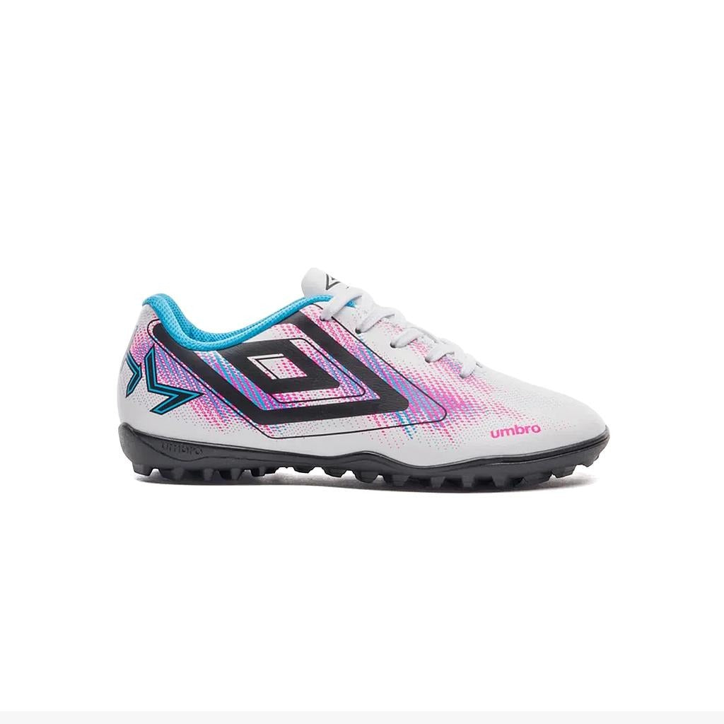 U07FB00336-230 Umbro Calzados Society Niños Futbol Heatmap_Jr Blanco/Azul/Rosa_Fluor